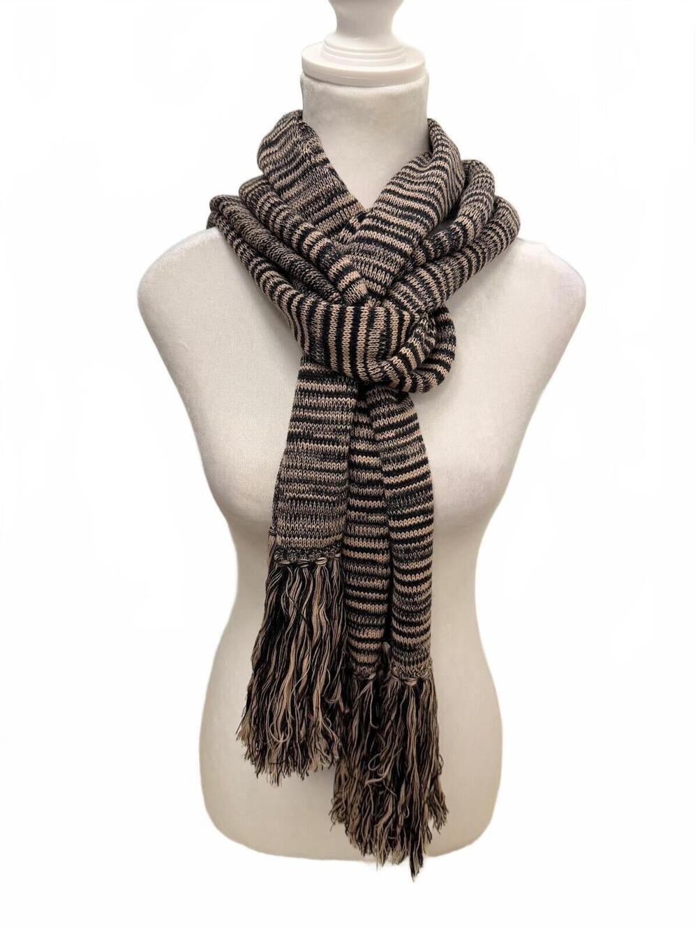 Missoni Neutral Space Dye Striped Knit Scarf Fringed Edge Made In Italy 74"